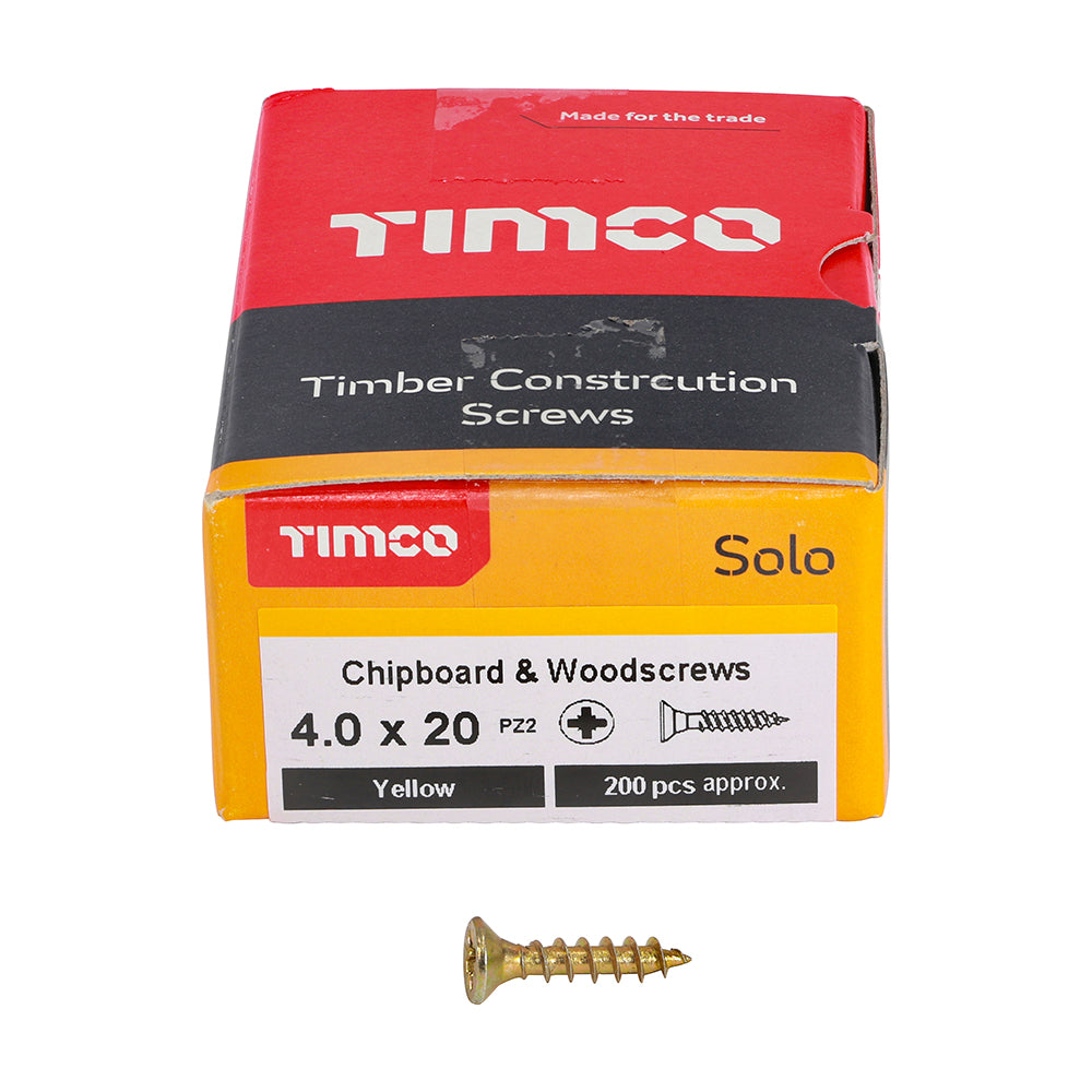 This is an image showing TIMCO Solo Chipboard & Woodscrews - PZ - Double Countersunk - Yellow - 4.0 x 20 - 200 Pieces Box available from T.H Wiggans Ironmongery in Kendal, quick delivery at discounted prices.