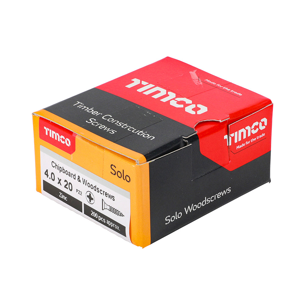 This is an image showing TIMCO Solo Chipboard & Woodscrews - PZ - Double Countersunk - Zinc - 4.0 x 20 - 200 Pieces Box available from T.H Wiggans Ironmongery in Kendal, quick delivery at discounted prices.