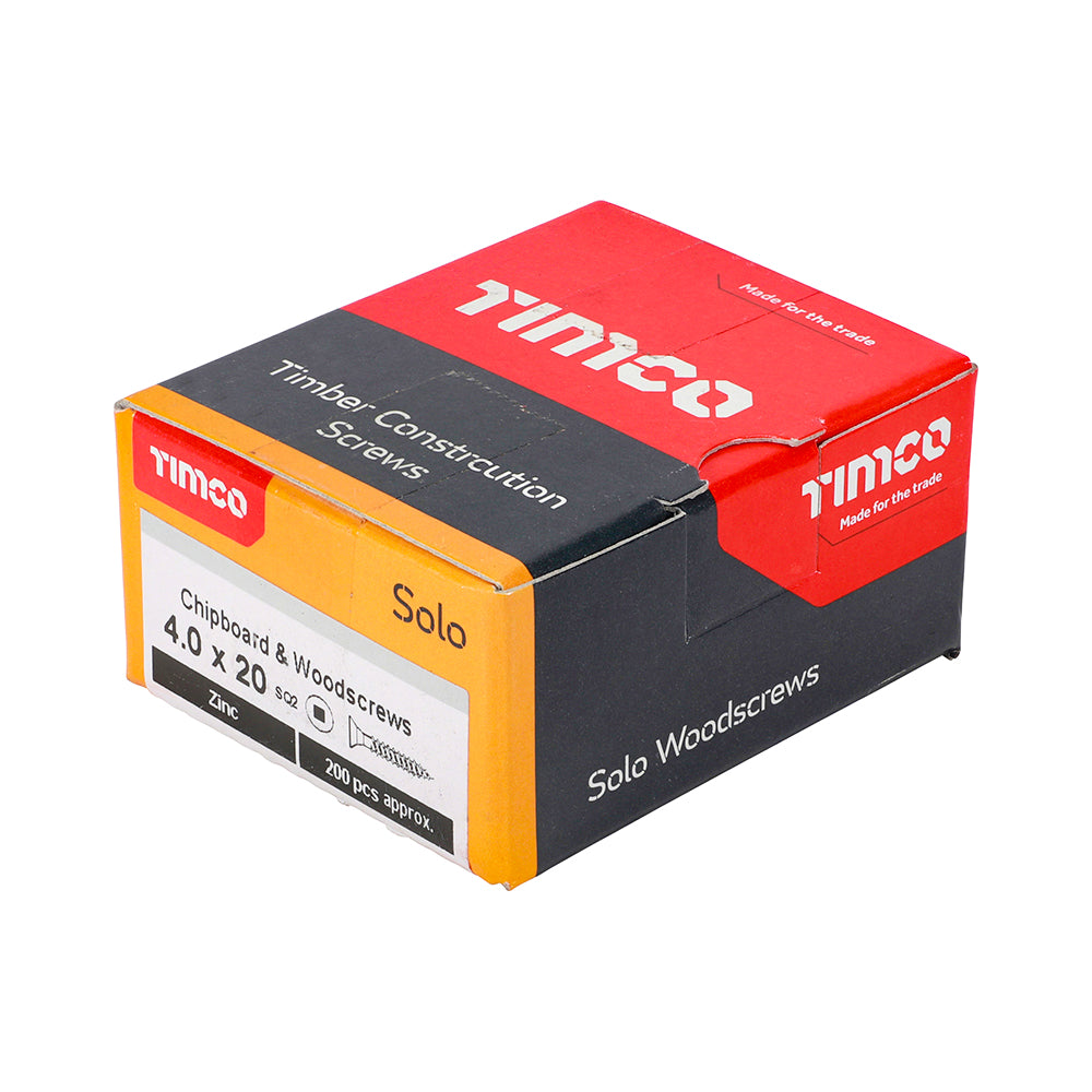 This is an image showing TIMCO Solo Chipboard & Woodscrews - SQ - Double Countersunk - Zinc - 4.0 x 20 - 200 Pieces Box available from T.H Wiggans Ironmongery in Kendal, quick delivery at discounted prices.