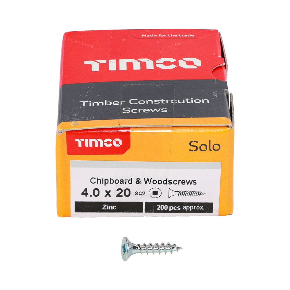 This is an image showing TIMCO Solo Chipboard & Woodscrews - SQ - Double Countersunk - Zinc - 4.0 x 20 - 200 Pieces Box available from T.H Wiggans Ironmongery in Kendal, quick delivery at discounted prices.