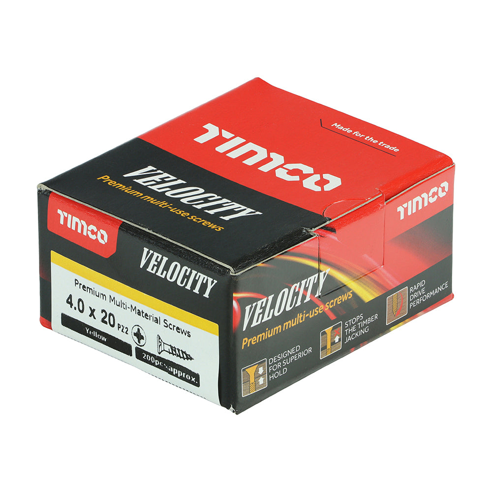 This is an image showing TIMCO Velocity Premium Multi-Use Screws - PZ - Double Countersunk - Yellow
 - 4.0 x 20 - 200 Pieces Box available from T.H Wiggans Ironmongery in Kendal, quick delivery at discounted prices.