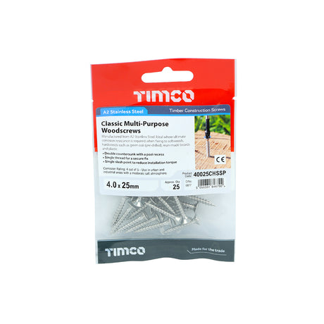 This is an image showing TIMCO Classic Multi-Purpose Screws - PZ - Double Countersunk - Stainless Steel - 4.0 x 25 - 25 Pieces TIMpac available from T.H Wiggans Ironmongery in Kendal, quick delivery at discounted prices.