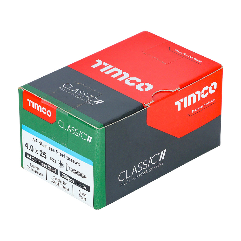 This is an image showing TIMCO Classic Multi-Purpose Screws - PZ - Double Countersunk - A4 Stainless Steel
 - 4.0 x 25 - 200 Pieces Box available from T.H Wiggans Ironmongery in Kendal, quick delivery at discounted prices.