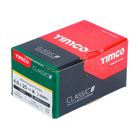 This is an image showing TIMCO Classic Multi-Purpose Screws - PZ - Double Countersunk - Yellow - 4.0 x 25 - 200 Pieces Box available from T.H Wiggans Ironmongery in Kendal, quick delivery at discounted prices.