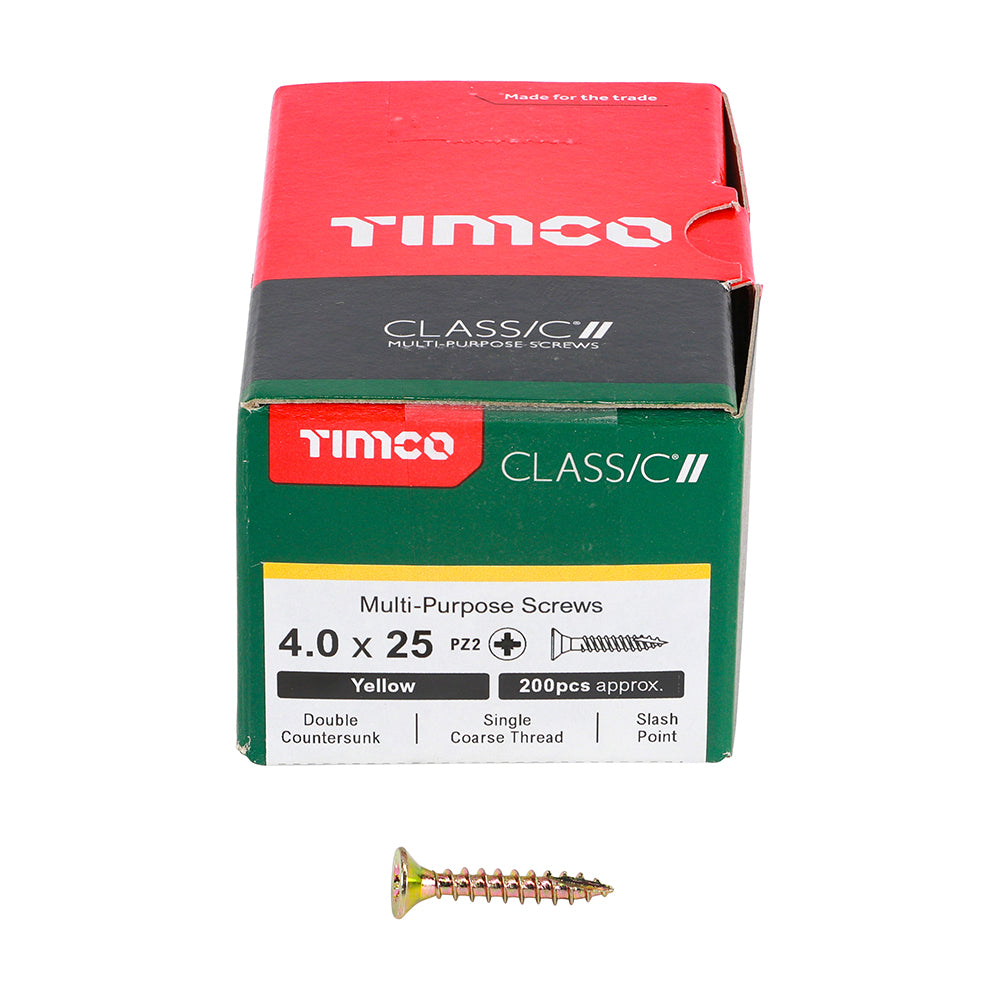 This is an image showing TIMCO Classic Multi-Purpose Screws - PZ - Double Countersunk - Yellow - 4.0 x 25 - 200 Pieces Box available from T.H Wiggans Ironmongery in Kendal, quick delivery at discounted prices.