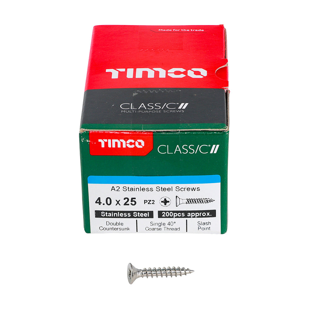 This is an image showing TIMCO Classic Multi-Purpose Screws - PZ - Double Countersunk - A2 Stainless Steel
 - 4.0 x 25 - 200 Pieces Box available from T.H Wiggans Ironmongery in Kendal, quick delivery at discounted prices.