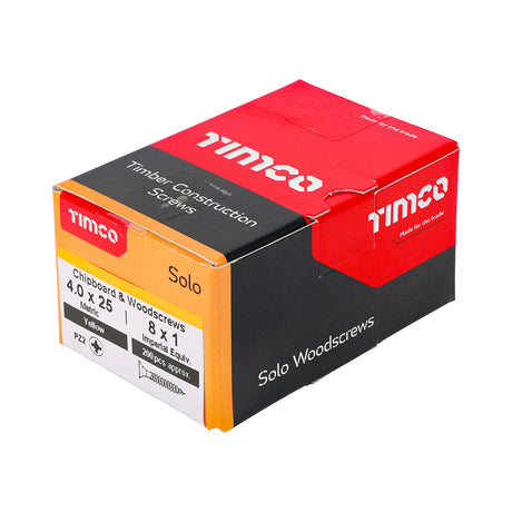 This is an image showing TIMCO Solo Chipboard & Woodscrews - PZ - Double Countersunk - Yellow - 4.0 x 25 - 200 Pieces Box available from T.H Wiggans Ironmongery in Kendal, quick delivery at discounted prices.