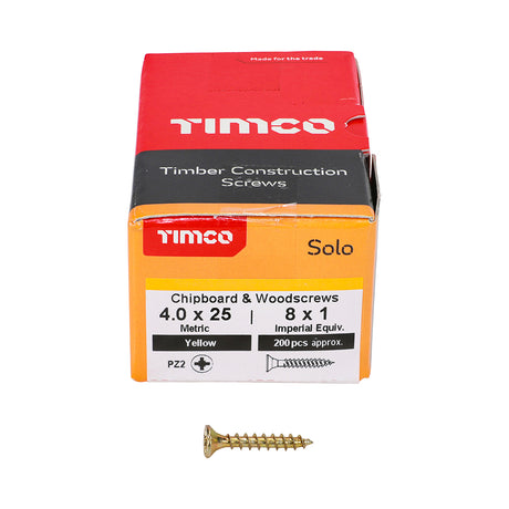 This is an image showing TIMCO Solo Chipboard & Woodscrews - PZ - Double Countersunk - Yellow - 4.0 x 25 - 200 Pieces Box available from T.H Wiggans Ironmongery in Kendal, quick delivery at discounted prices.