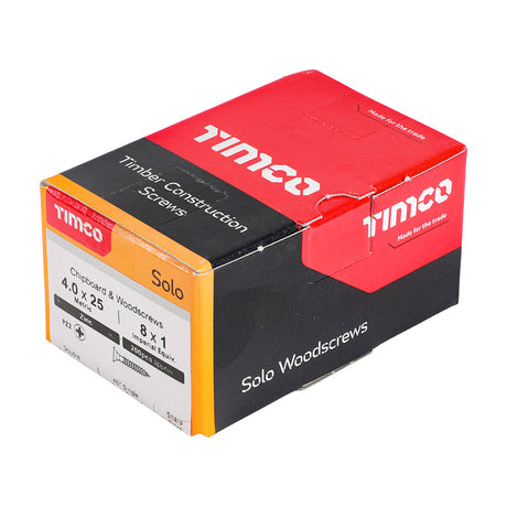 This is an image showing TIMCO Solo Chipboard & Woodscrews - PZ - Double Countersunk - Zinc - 4.0 x 25 - 200 Pieces Box available from T.H Wiggans Ironmongery in Kendal, quick delivery at discounted prices.