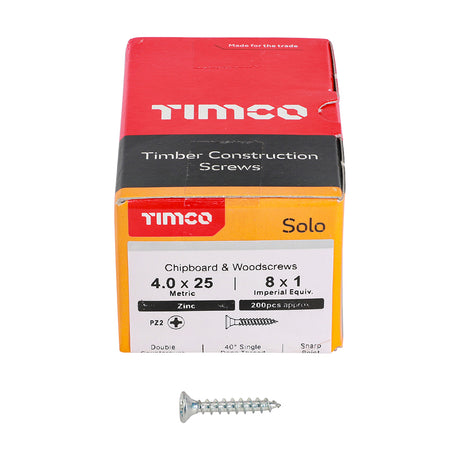 This is an image showing TIMCO Solo Chipboard & Woodscrews - PZ - Double Countersunk - Zinc - 4.0 x 25 - 200 Pieces Box available from T.H Wiggans Ironmongery in Kendal, quick delivery at discounted prices.