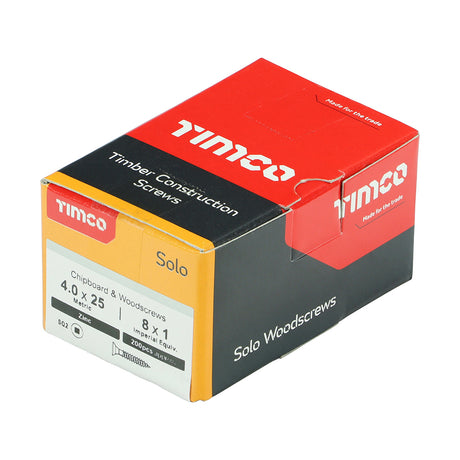 This is an image showing TIMCO Solo Chipboard & Woodscrews - SQ - Double Countersunk - Zinc - 4.0 x 25 - 200 Pieces Box available from T.H Wiggans Ironmongery in Kendal, quick delivery at discounted prices.