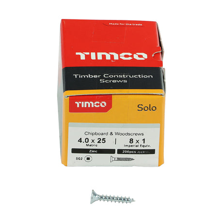 This is an image showing TIMCO Solo Chipboard & Woodscrews - SQ - Double Countersunk - Zinc - 4.0 x 25 - 200 Pieces Box available from T.H Wiggans Ironmongery in Kendal, quick delivery at discounted prices.