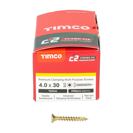 This is an image showing TIMCO C2 Clamp-Fix - TX - Double Countersunk with Ribs - Twin-Cut - Yellow - 4.0 x 30 - 200 Pieces Box available from T.H Wiggans Ironmongery in Kendal, quick delivery at discounted prices.