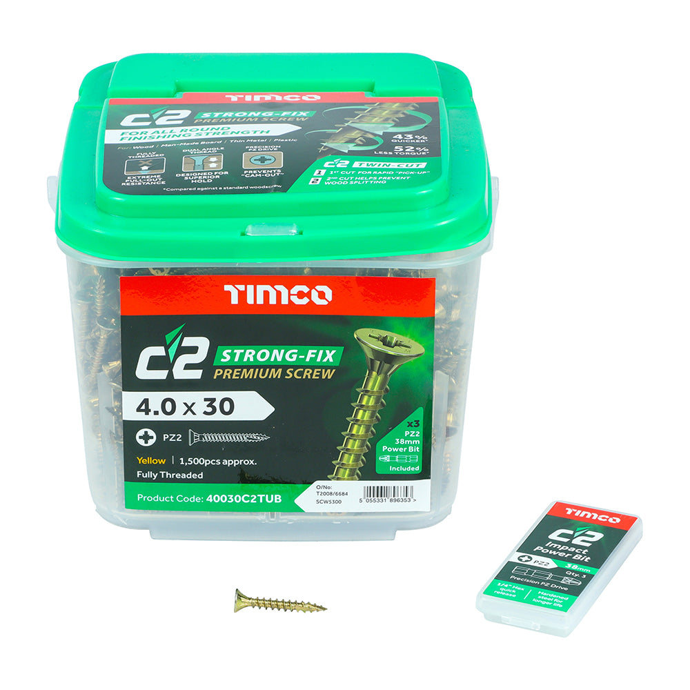 This is an image showing TIMCO C2 Strong-Fix - PZ - Double Countersunk - Twin-Cut - Yellow - 4.0 x 30 - 1500 Pieces Tub available from T.H Wiggans Ironmongery in Kendal, quick delivery at discounted prices.