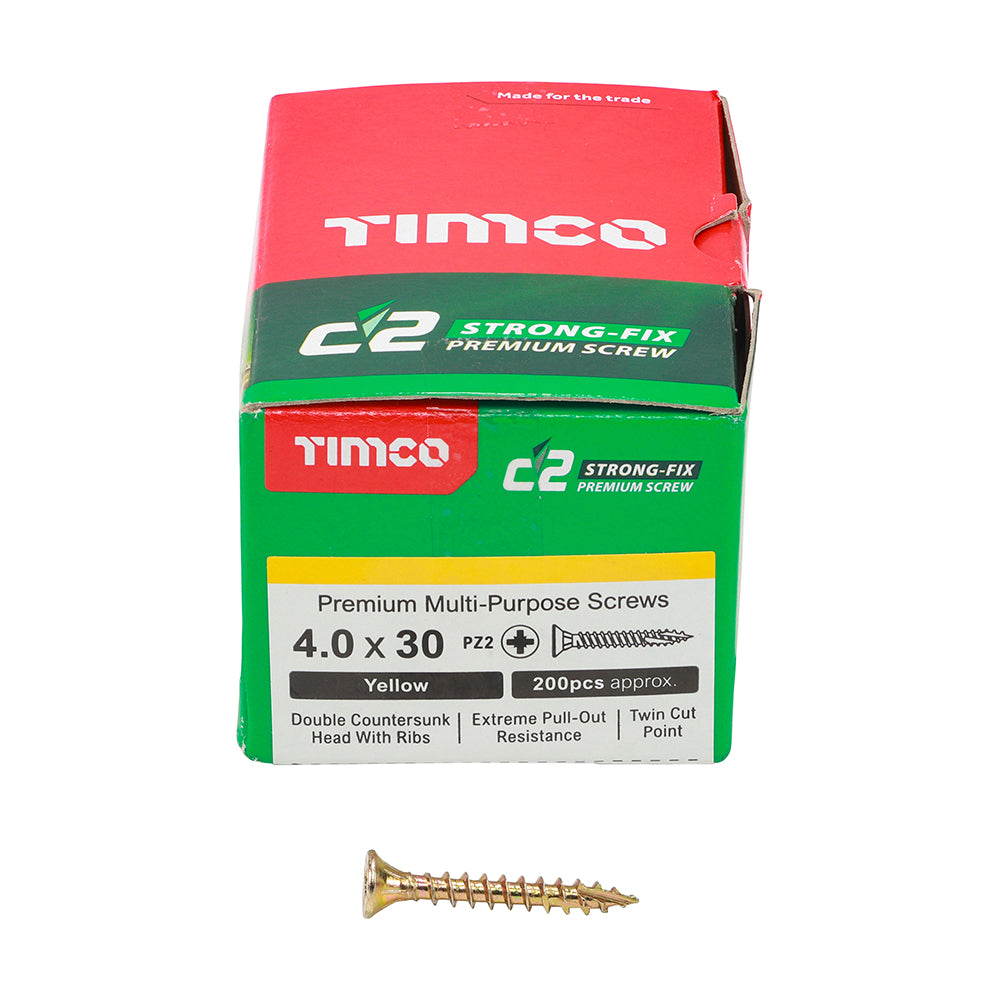 This is an image showing TIMCO C2 Strong-Fix - PZ - Double Countersunk - Twin-Cut - Yellow - 4.0 x 30 - 200 Pieces Box available from T.H Wiggans Ironmongery in Kendal, quick delivery at discounted prices.