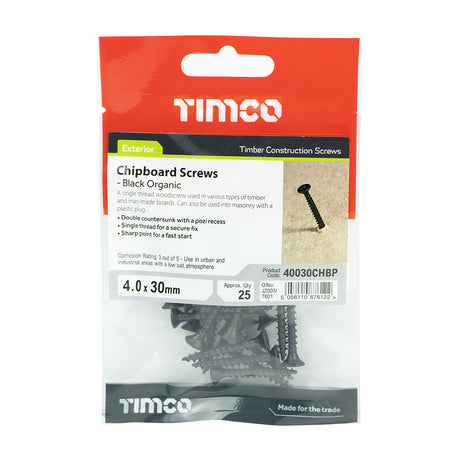 This is an image showing TIMCO Chipboard Screws - PZ - Double Countersunk - Exterior - Black Organic - 4.0 x 30 - 25 Pieces TIMpac available from T.H Wiggans Ironmongery in Kendal, quick delivery at discounted prices.