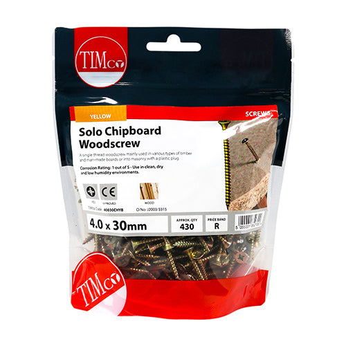 This is an image showing TIMCO Solo Woodscrews - PZ - Double Countersunk - Yellow - 4.0 x 30 - 430 Pieces TIMbag available from T.H Wiggans Ironmongery in Kendal, quick delivery at discounted prices.