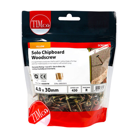 This is an image showing TIMCO Solo Woodscrews - PZ - Double Countersunk - Yellow - 4.0 x 30 - 430 Pieces TIMbag available from T.H Wiggans Ironmongery in Kendal, quick delivery at discounted prices.