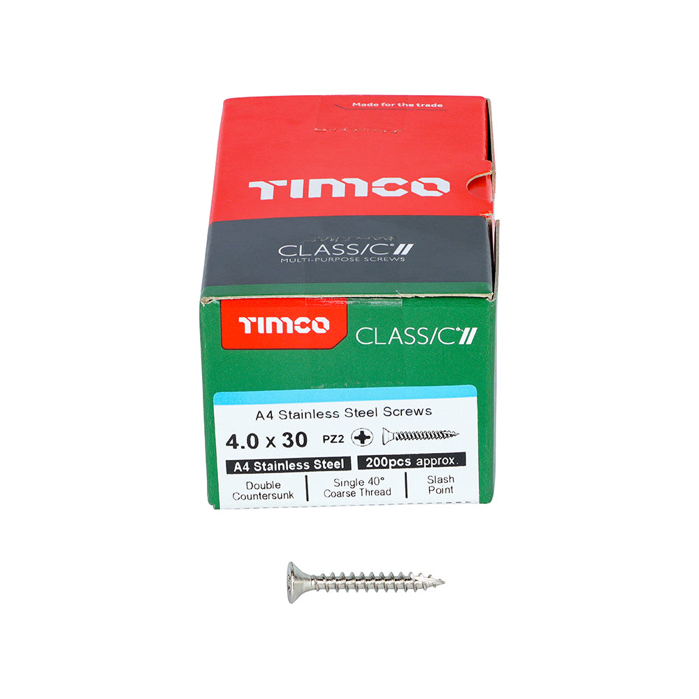 This is an image showing TIMCO Classic Multi-Purpose Screws - PZ - Double Countersunk - A4 Stainless Steel
 - 4.0 x 30 - 200 Pieces Box available from T.H Wiggans Ironmongery in Kendal, quick delivery at discounted prices.