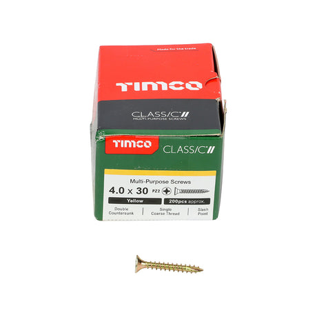 This is an image showing TIMCO Classic Multi-Purpose Screws - PZ - Double Countersunk - Yellow - 4.0 x 30 - 200 Pieces Box available from T.H Wiggans Ironmongery in Kendal, quick delivery at discounted prices.