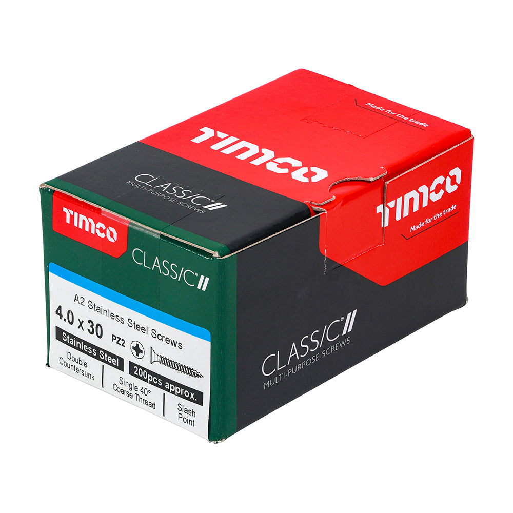 This is an image showing TIMCO Classic Multi-Purpose Screws - PZ - Double Countersunk - A2 Stainless Steel
 - 4.0 x 30 - 200 Pieces Box available from T.H Wiggans Ironmongery in Kendal, quick delivery at discounted prices.