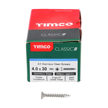 This is an image showing TIMCO Classic Multi-Purpose Screws - PZ - Double Countersunk - A2 Stainless Steel
 - 4.0 x 30 - 200 Pieces Box available from T.H Wiggans Ironmongery in Kendal, quick delivery at discounted prices.