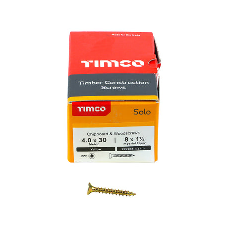 This is an image showing TIMCO Solo Chipboard & Woodscrews - PZ - Double Countersunk - Yellow - 4.0 x 30 - 200 Pieces Box available from T.H Wiggans Ironmongery in Kendal, quick delivery at discounted prices.