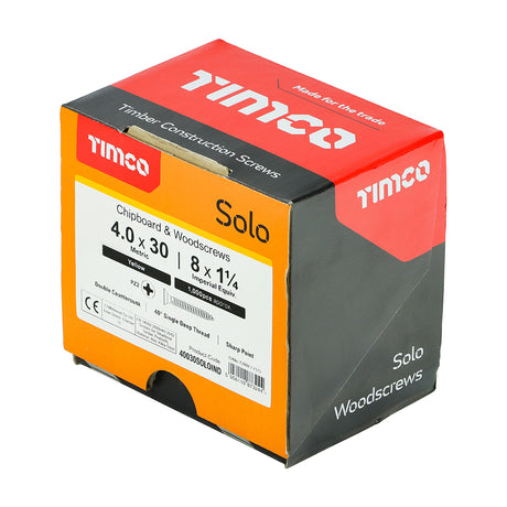 This is an image showing TIMCO Solo Chipboard & Woodscrews - Industry Pack - PZ - Double Countersunk - Yellow - 4.0 x 30 - 1000 Pieces Box available from T.H Wiggans Ironmongery in Kendal, quick delivery at discounted prices.