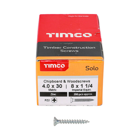 This is an image showing TIMCO Solo Chipboard & Woodscrews - PZ - Double Countersunk - Zinc - 4.0 x 30 - 200 Pieces Box available from T.H Wiggans Ironmongery in Kendal, quick delivery at discounted prices.