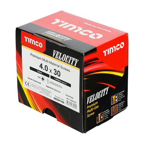 This is an image showing TIMCO Velocity Premium Multi-Use Screws - PZ - Double Countersunk - Yellow - 4.0 x 30 - 1000 Pieces Box available from T.H Wiggans Ironmongery in Kendal, quick delivery at discounted prices.