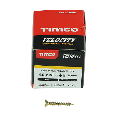 This is an image showing TIMCO Velocity Premium Multi-Use Screws - PZ - Double Countersunk - Yellow
 - 4.0 x 30 - 200 Pieces Box available from T.H Wiggans Ironmongery in Kendal, quick delivery at discounted prices.