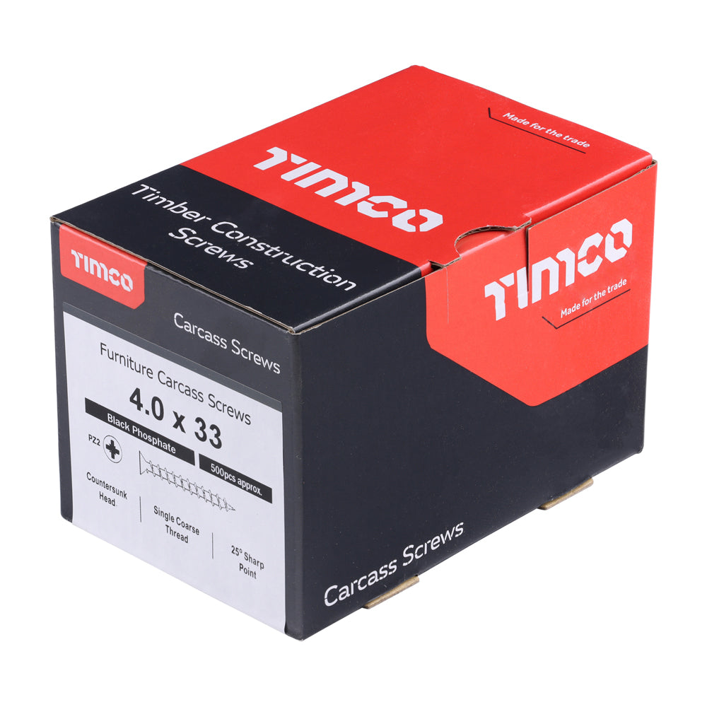 This is an image showing TIMCO Furniture Carcass Screws - PZ - Black  - 4.0 x 33 - 500 Pieces Box available from T.H Wiggans Ironmongery in Kendal, quick delivery at discounted prices.