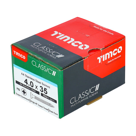 This is an image showing TIMCO Classic Multi-Purpose Screws - PZ - Double Countersunk - A4 Stainless Steel
 - 4.0 x 35 - 200 Pieces Box available from T.H Wiggans Ironmongery in Kendal, quick delivery at discounted prices.