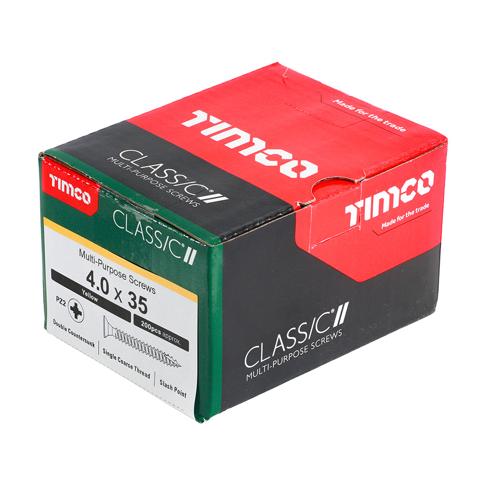 This is an image showing TIMCO Classic Multi-Purpose Screws - PZ - Double Countersunk - Yellow - 4.0 x 35 - 200 Pieces Box available from T.H Wiggans Ironmongery in Kendal, quick delivery at discounted prices.