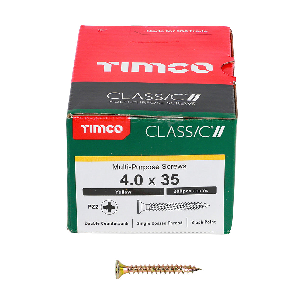 This is an image showing TIMCO Classic Multi-Purpose Screws - PZ - Double Countersunk - Yellow - 4.0 x 35 - 200 Pieces Box available from T.H Wiggans Ironmongery in Kendal, quick delivery at discounted prices.