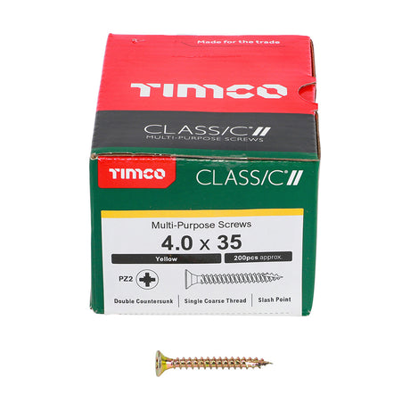 This is an image showing TIMCO Classic Multi-Purpose Screws - PZ - Double Countersunk - Yellow - 4.0 x 35 - 200 Pieces Box available from T.H Wiggans Ironmongery in Kendal, quick delivery at discounted prices.