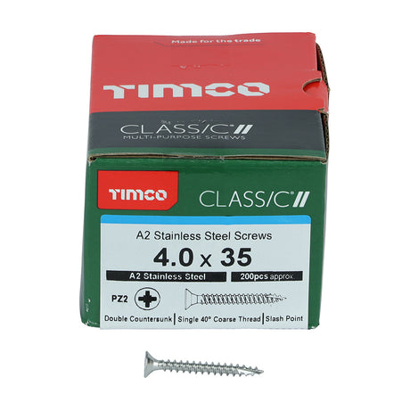 This is an image showing TIMCO Classic Multi-Purpose Screws - PZ - Double Countersunk - A2 Stainless Steel
 - 4.0 x 35 - 200 Pieces Box available from T.H Wiggans Ironmongery in Kendal, quick delivery at discounted prices.