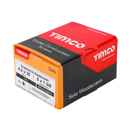 This is an image showing TIMCO Solo Chipboard & Woodscrews - PZ - Double Countersunk - Zinc - 4.0 x 35 - 200 Pieces Box available from T.H Wiggans Ironmongery in Kendal, quick delivery at discounted prices.