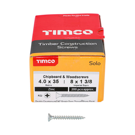 This is an image showing TIMCO Solo Chipboard & Woodscrews - PZ - Double Countersunk - Zinc - 4.0 x 35 - 200 Pieces Box available from T.H Wiggans Ironmongery in Kendal, quick delivery at discounted prices.