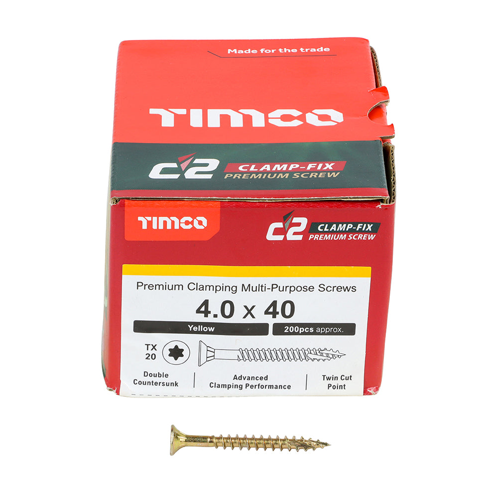 This is an image showing TIMCO C2 Clamp-Fix - TX - Double Countersunk with Ribs - Twin-Cut - Yellow - 4.0 x 40 - 200 Pieces Box available from T.H Wiggans Ironmongery in Kendal, quick delivery at discounted prices.