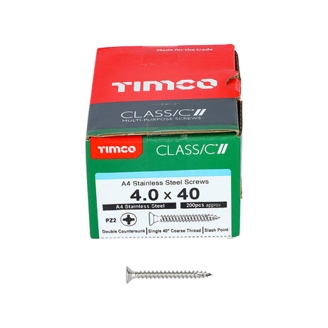 This is an image showing TIMCO Classic Multi-Purpose Screws - PZ - Double Countersunk - A4 Stainless Steel
 - 4.0 x 40 - 200 Pieces Box available from T.H Wiggans Ironmongery in Kendal, quick delivery at discounted prices.