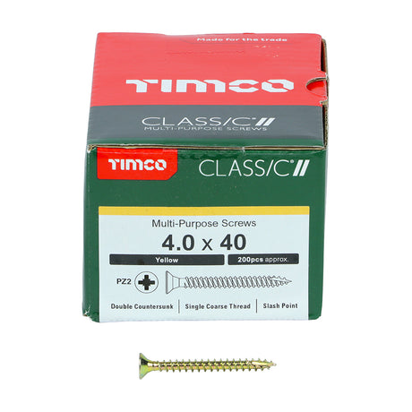 This is an image showing TIMCO Classic Multi-Purpose Screws - PZ - Double Countersunk - Yellow - 4.0 x 40 - 200 Pieces Box available from T.H Wiggans Ironmongery in Kendal, quick delivery at discounted prices.