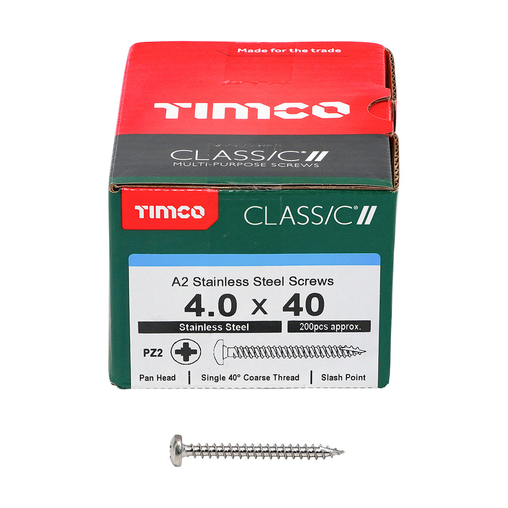 This is an image showing TIMCO Classic Multi-Purpose Screws - PZ - Pan Head - A2 Stainless Steel - 4.0 x 40 - 200 Pieces Box available from T.H Wiggans Ironmongery in Kendal, quick delivery at discounted prices.