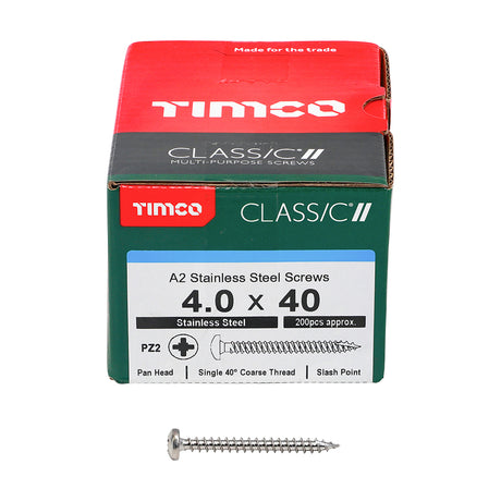 This is an image showing TIMCO Classic Multi-Purpose Screws - PZ - Pan Head - A2 Stainless Steel - 4.0 x 40 - 200 Pieces Box available from T.H Wiggans Ironmongery in Kendal, quick delivery at discounted prices.