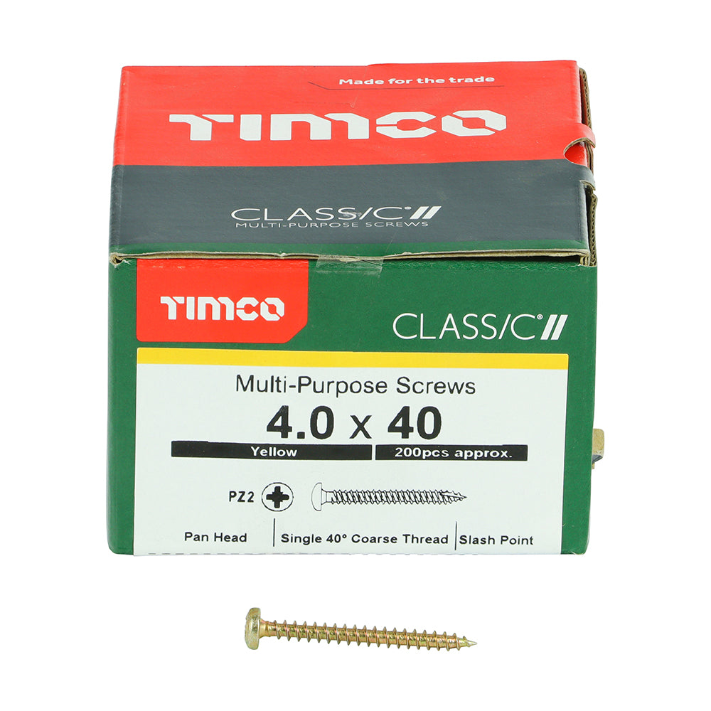 This is an image showing TIMCO Classic Multi-Purpose Screws - PZ - Pan Head - Yellow - 4.0 x 40 - 200 Pieces Box available from T.H Wiggans Ironmongery in Kendal, quick delivery at discounted prices.