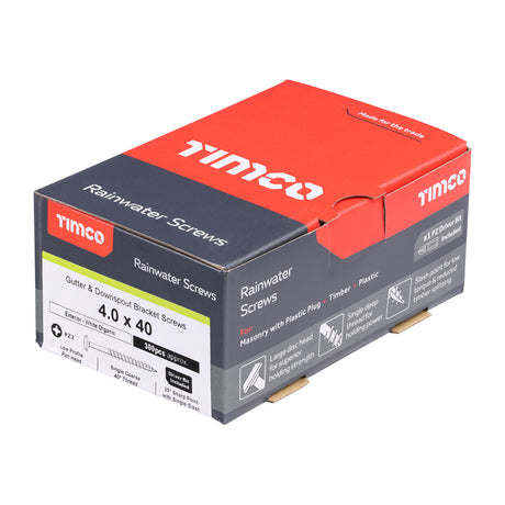 This is an image showing TIMCO Rainwater Screws - PZ - Low Profile Pan - Exterior - White - 4.0 x 40 - 300 Pieces Box available from T.H Wiggans Ironmongery in Kendal, quick delivery at discounted prices.