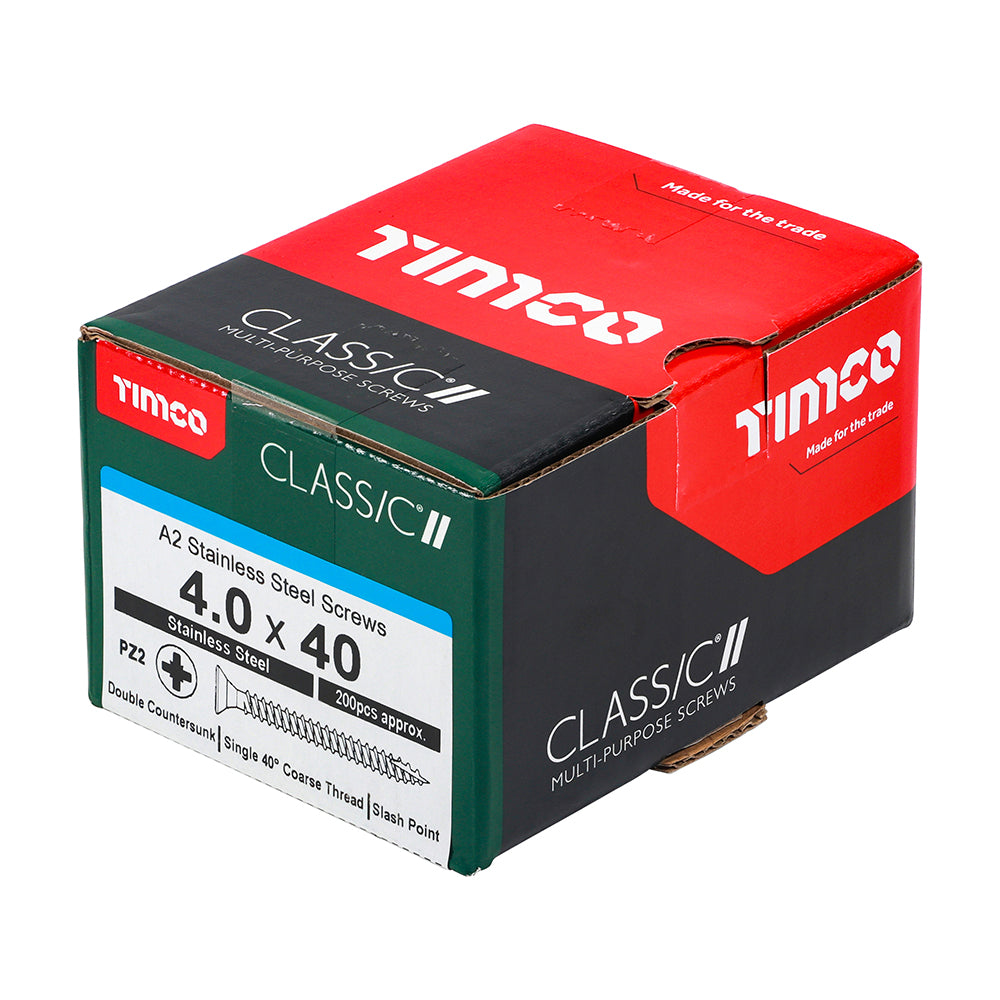 This is an image showing TIMCO Classic Multi-Purpose Screws - PZ - Double Countersunk - A2 Stainless Steel
 - 4.0 x 40 - 200 Pieces Box available from T.H Wiggans Ironmongery in Kendal, quick delivery at discounted prices.