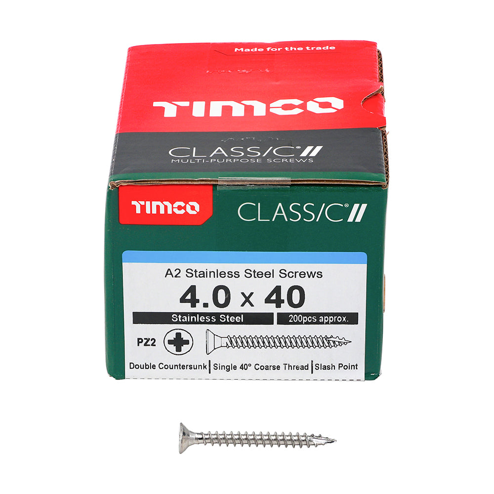 This is an image showing TIMCO Classic Multi-Purpose Screws - PZ - Double Countersunk - A2 Stainless Steel
 - 4.0 x 40 - 200 Pieces Box available from T.H Wiggans Ironmongery in Kendal, quick delivery at discounted prices.