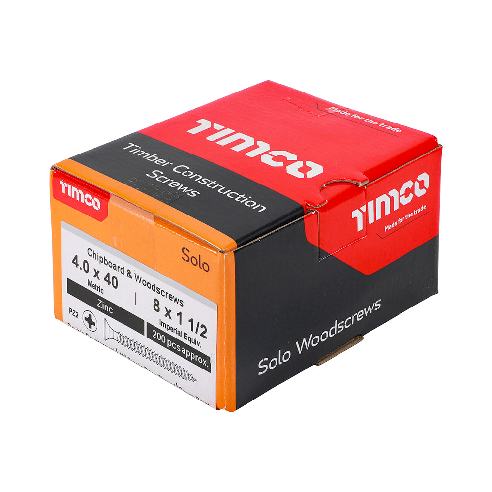 This is an image showing TIMCO Solo Chipboard & Woodscrews - PZ - Double Countersunk - Zinc - 4.0 x 40 - 200 Pieces Box available from T.H Wiggans Ironmongery in Kendal, quick delivery at discounted prices.