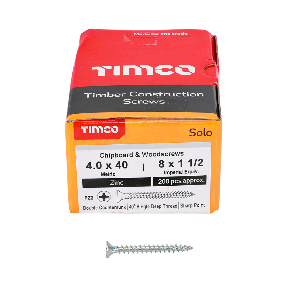 This is an image showing TIMCO Solo Chipboard & Woodscrews - PZ - Double Countersunk - Zinc - 4.0 x 40 - 200 Pieces Box available from T.H Wiggans Ironmongery in Kendal, quick delivery at discounted prices.